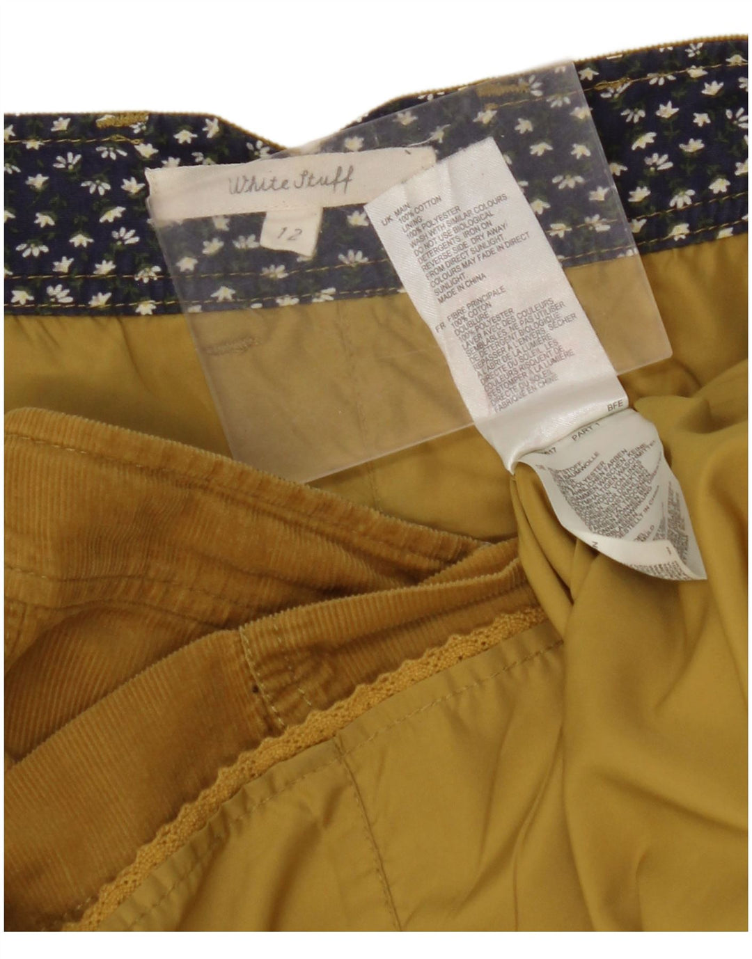 WHITE STUFF Mini gonna da donna in velluto a coste UK 12 media W32 cotone giallo