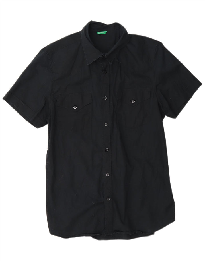 Camicia Benetton Uomo Manica Corta Large Blu Navy Cotone