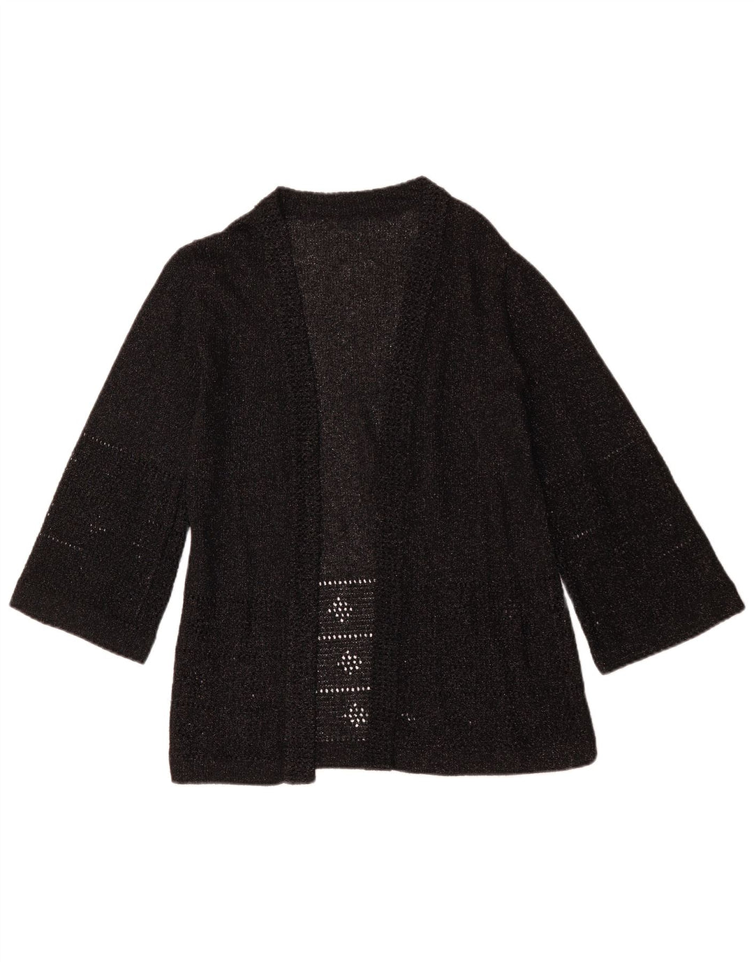 Maglione cardigan aperto con maniche a 3/4 vintage da donna UK 12 medio nero screziato