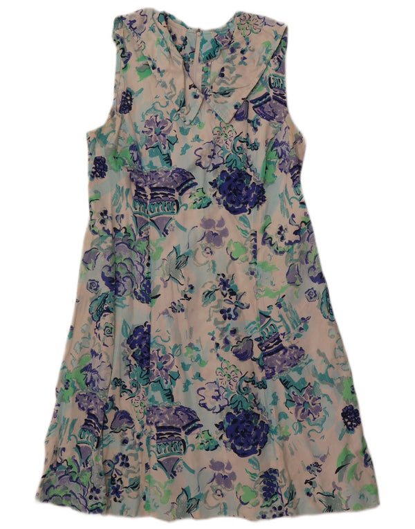 Abito vintage da donna senza maniche a trapezio UK 12 medio bianco sporco floreale