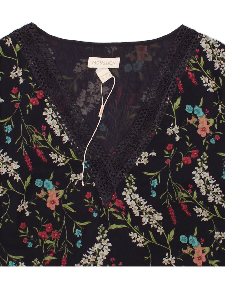 MONSOON Womens Graphic Blouse Top UK 14 Large Black Floral Polyester Vintage Monsoon and Second-Hand Monsoon from Messina Hembry 