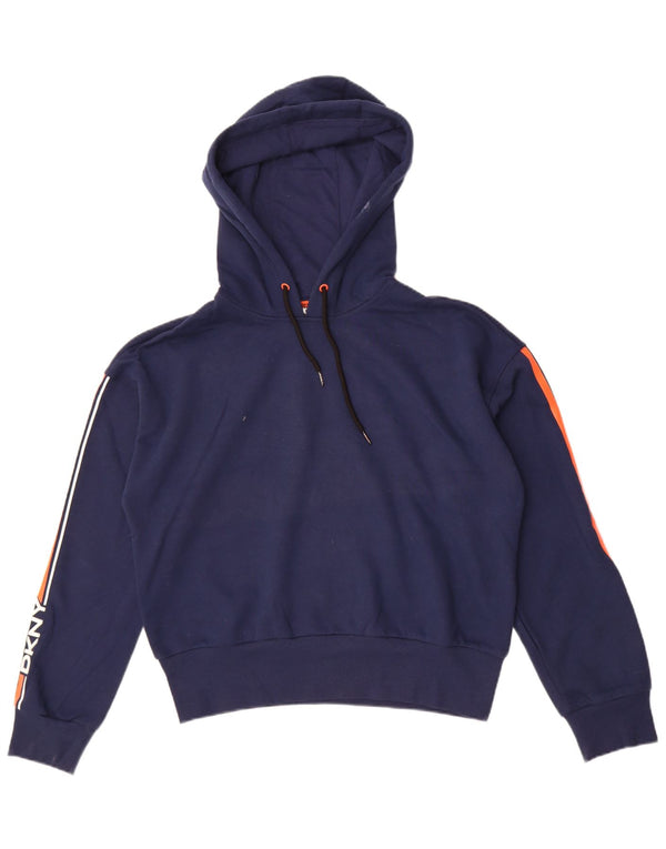 Maglione con cappuccio grafico corto da donna Dkny UK 14 blocco colore blu navy medio