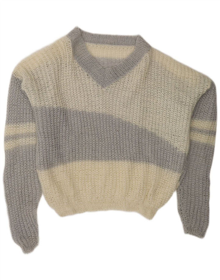 Maglione maglione con scollo a V da donna VINTAGE UK 20 2XL blocco colore bianco sporco