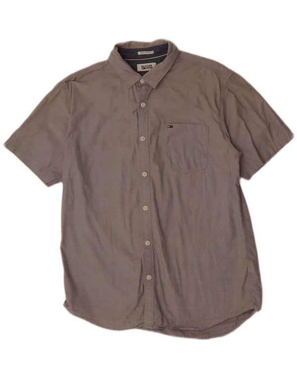 Camicia da uomo a maniche corte Regular Fit Tommy Hilfiger Large in cotone grigio