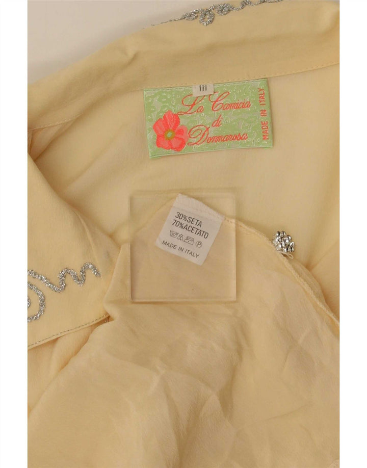 Camicetta camicia vintage da donna UK 16 grande seta gialla