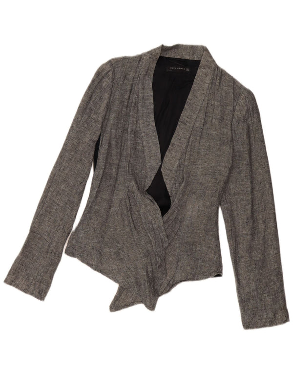 ZARA Womens Front Tie Blazer Jacket UK 14 Medium Grey Colourblock Linen