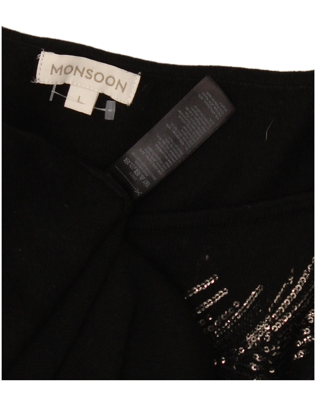 MONSOON Abito maglione grafico da donna UK 16 Grande cotone nero