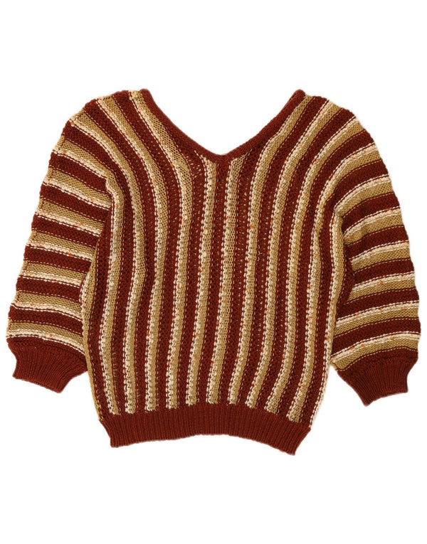 Vintage Womens 3/4 Sleeve V-Neck Jumper Sweater UK 14 Medium Brown Striped