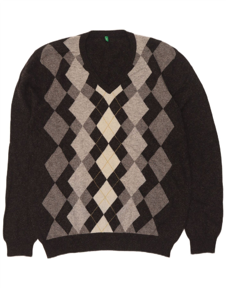 Maglione da uomo con scollo a V Benetton XL grigio a rombi/lana diamante
