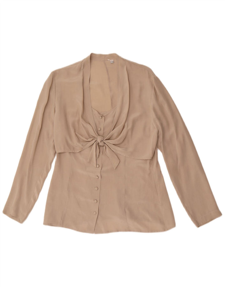 Camicetta da donna vintage con cravatta sul davanti UK 14 grande seta beige