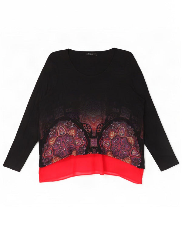 Desigual Donna Tunica asimmetrica a maniche lunghe Top UK 14 Grande Nero Floreale