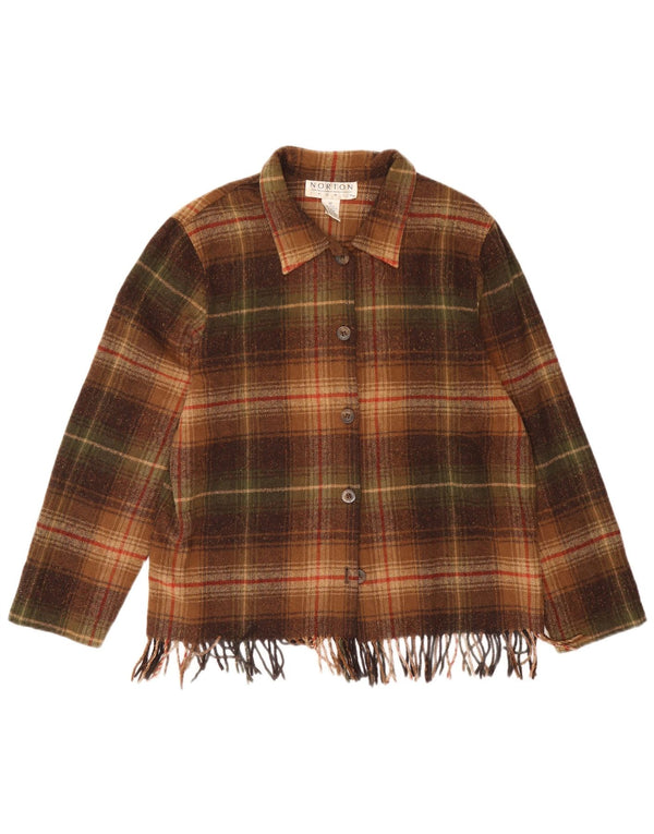Camicia overshirt da donna vintage in flanella UK 12 Lana a quadri marrone medio