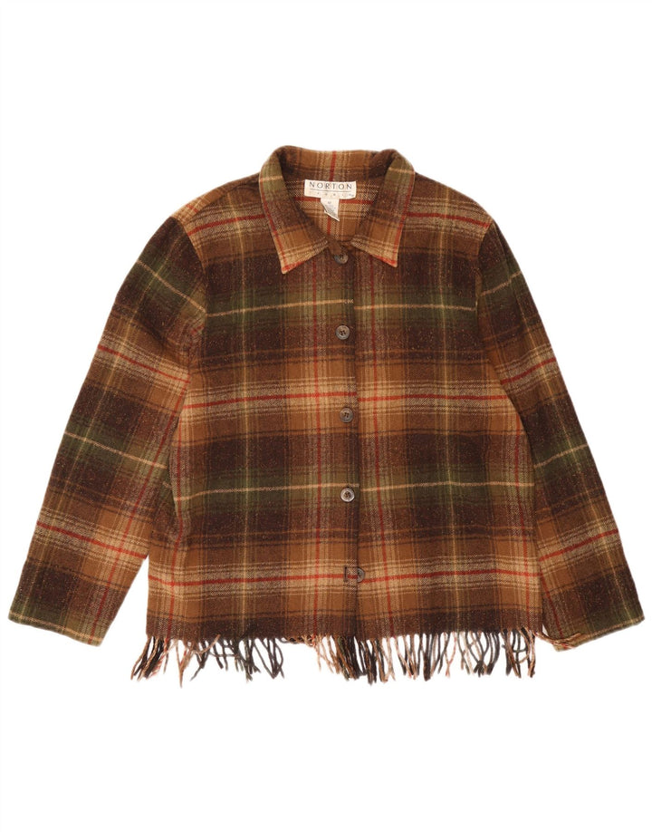 Camicia overshirt da donna vintage in flanella UK 12 Lana a quadri marrone medio