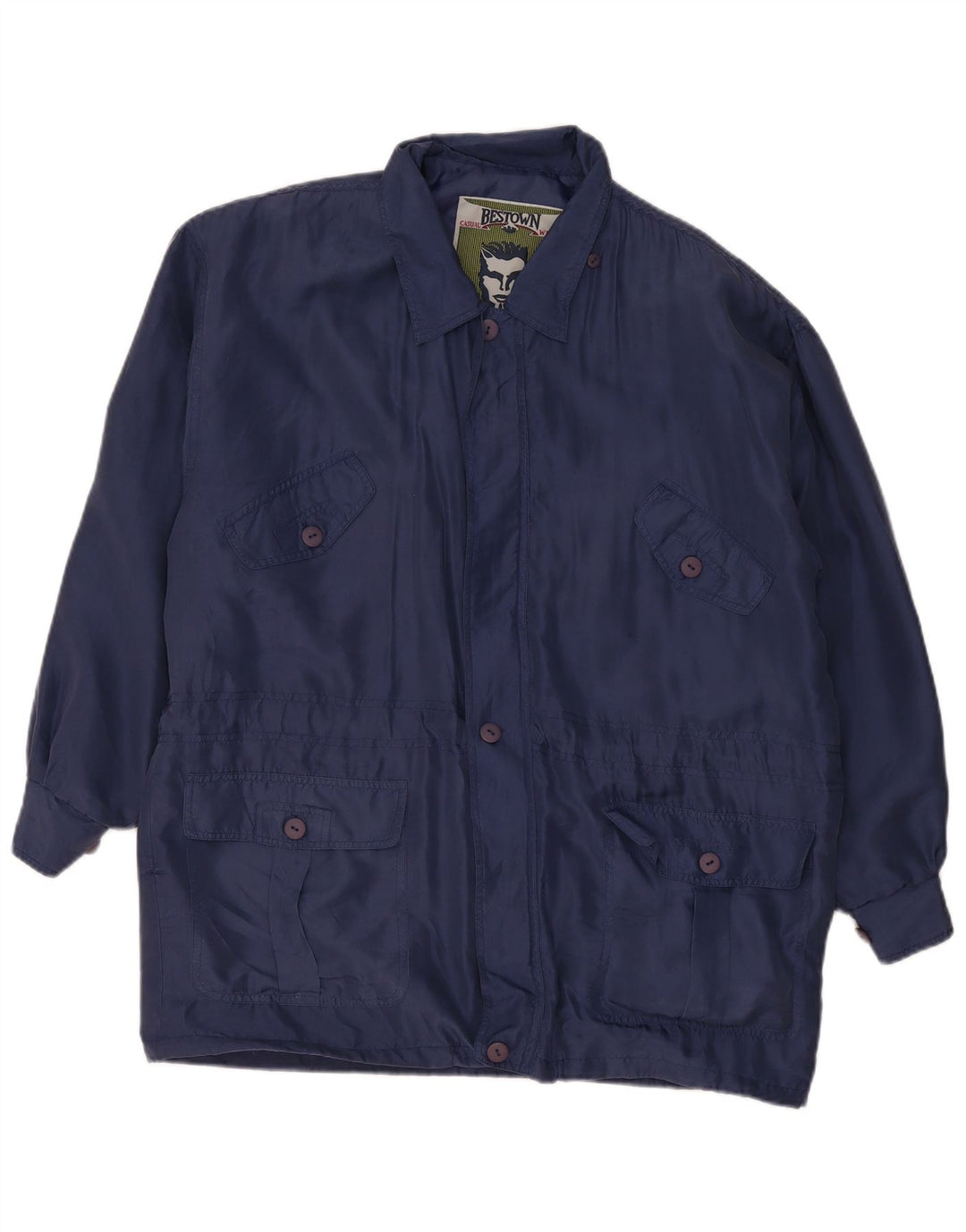 Giacca utilitaria vintage da uomo vestibilità ampia UK 36 piccola seta blu