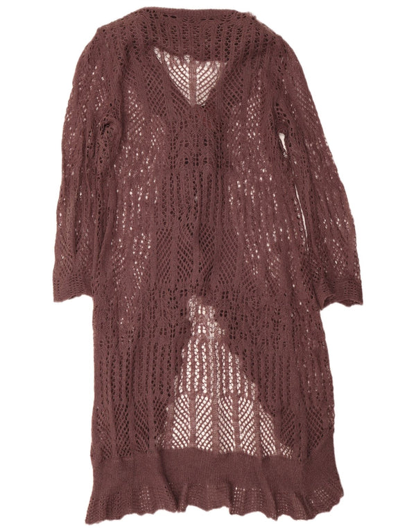 Maglione cardigan lungo da donna vintage UK 16 grande acrilico marrone