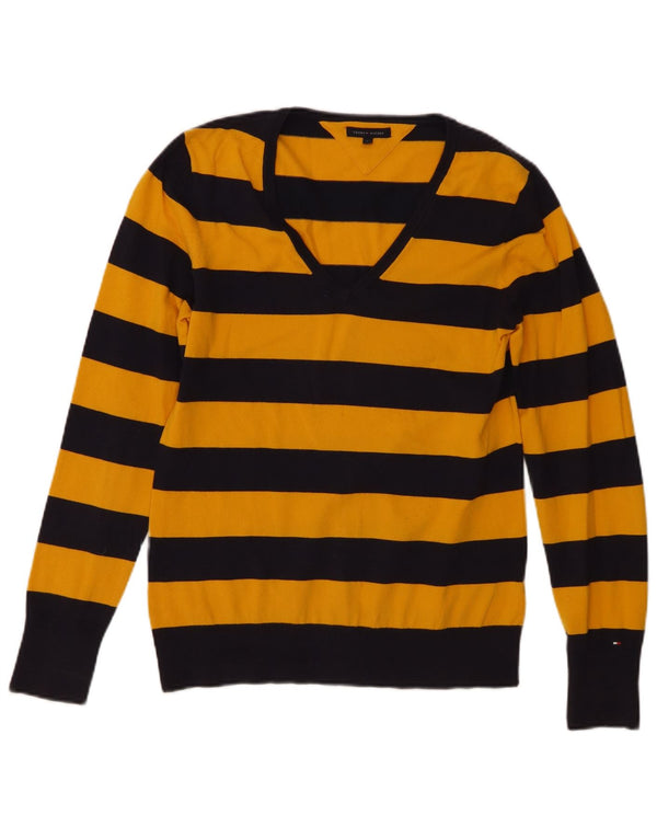 Maglione maglione con scollo a V da donna Tommy Hilfiger UK 14 grandi righe gialle