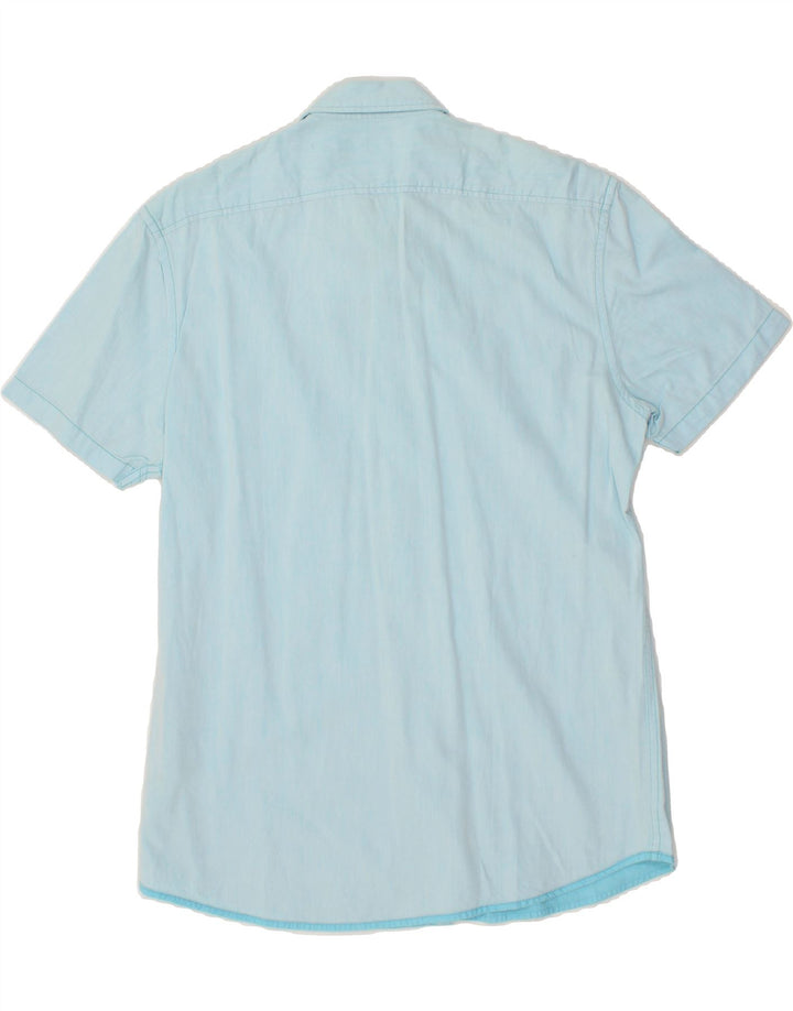 JULES Mens Fitted Short Sleeve Shirt Large Blue Cotton Vintage Jules and Second-Hand Jules from Messina Hembry 