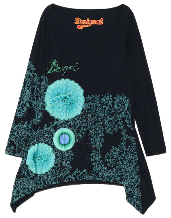 Desigual Abito tunica a maniche lunghe da donna UK 16 Grande motivo cachemire blu navy
