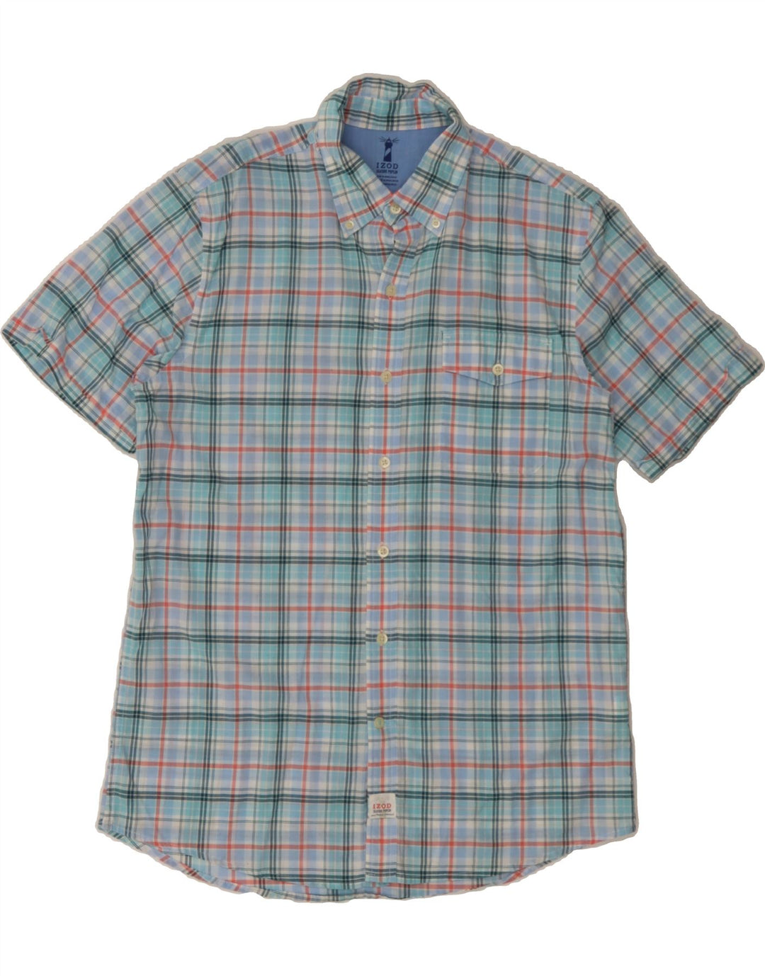 IZOD Mens Short Sleeve Shirt Medium Blue Check Cotton Vintage Izod and Second-Hand Izod from Messina Hembry 