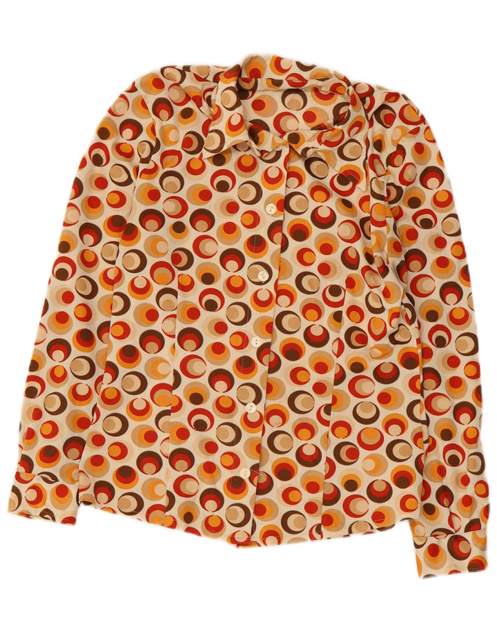 Camicetta camicia vintage da donna UK 10 piccola poliammide geometrica multicolore