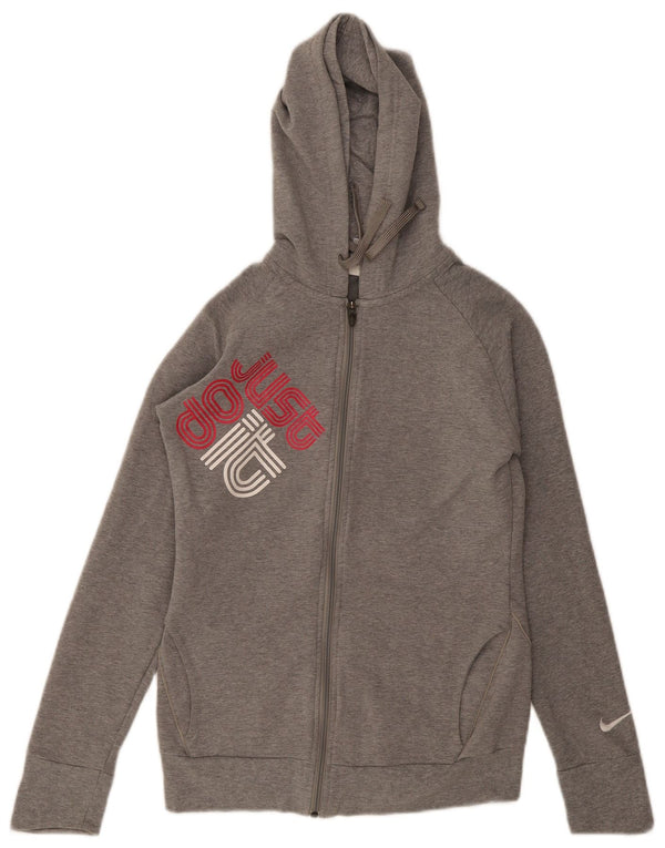 Felpa con cappuccio e zip grafica Nike da donna UK 10 piccolo cotone chiazzato grigio