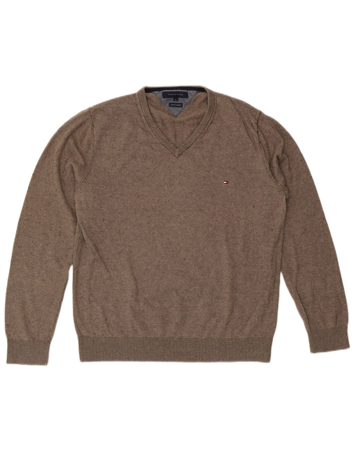 TOMMY HILFIGER Maglione da uomo con scollo a V XL in cotone chiazzato grigio