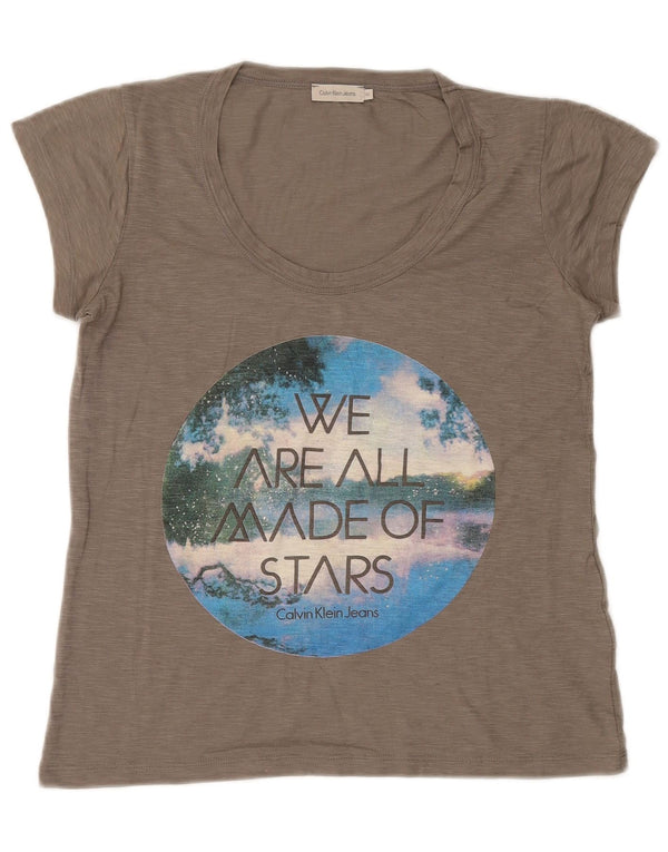 CALVIN KLEIN JEANS T-shirt grafica da donna Top UK 12 Grigio medio chiazzato