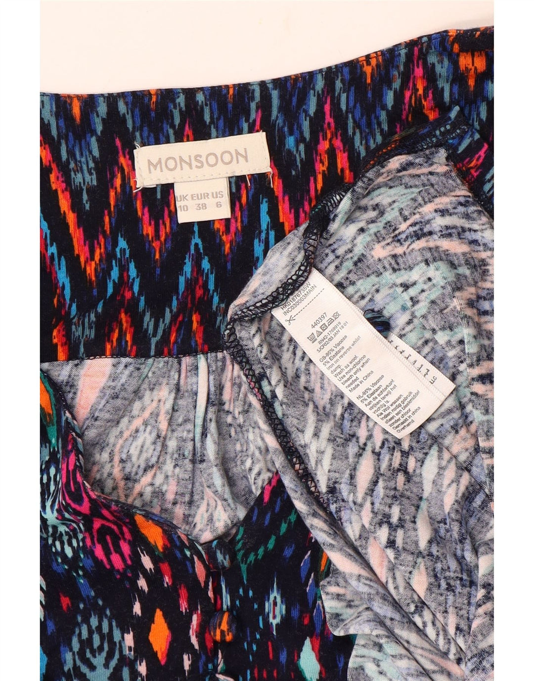 MONSOON Camicetta da donna con maniche a 3/4 Top UK 10 Piccolo Ikat multicolore