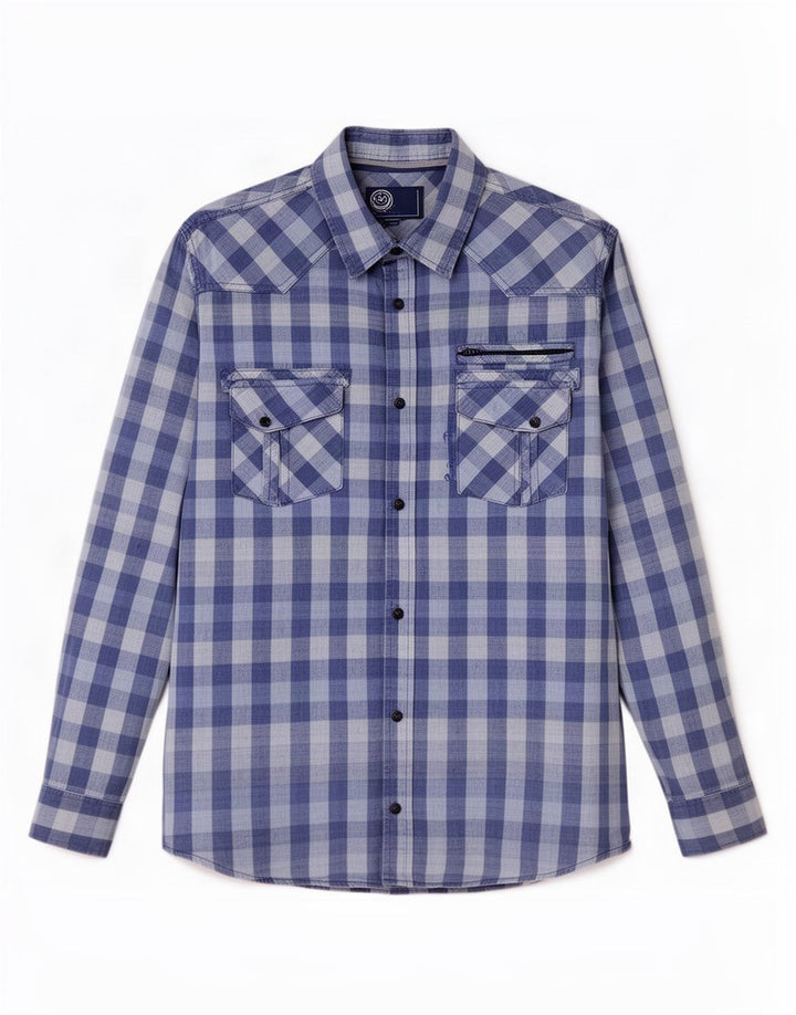 Camicia grafica da uomo vintage XL in cotone a quadretti blu