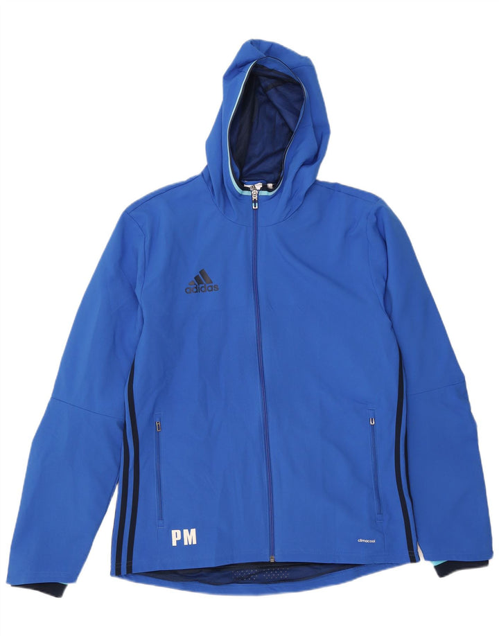 Giacca sportiva da uomo con cappuccio grafico Adidas, giacca in poliestere blu medio