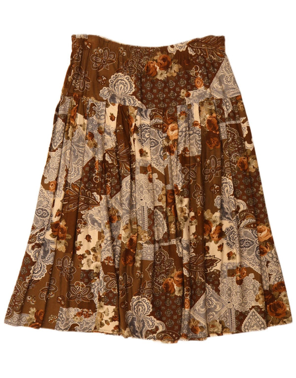 Gonna svasata plissettata da donna vintage W36 XL in viscosa floreale marrone