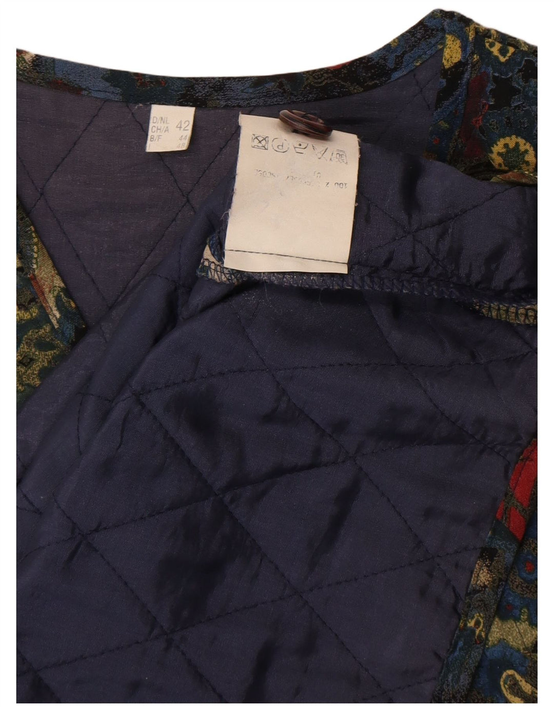 Gilet trapuntato vintage da donna EU 42 grande motivo cachemire multicolore