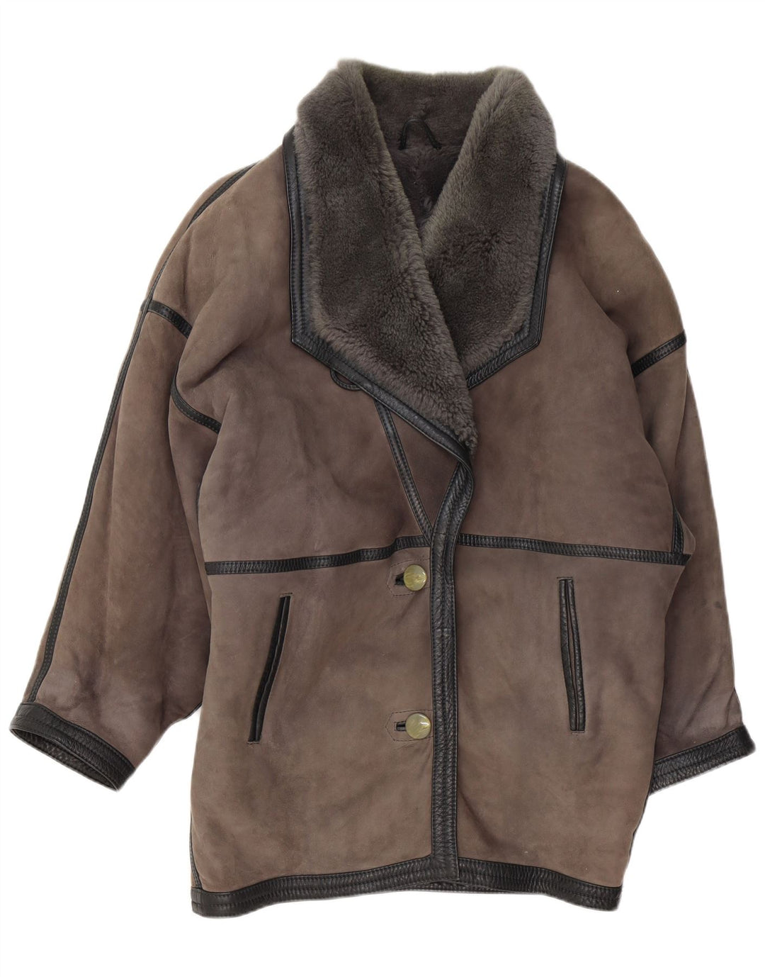 Cappotto in shearling oversize da donna vintage UK 20 2XL in pelle grigia