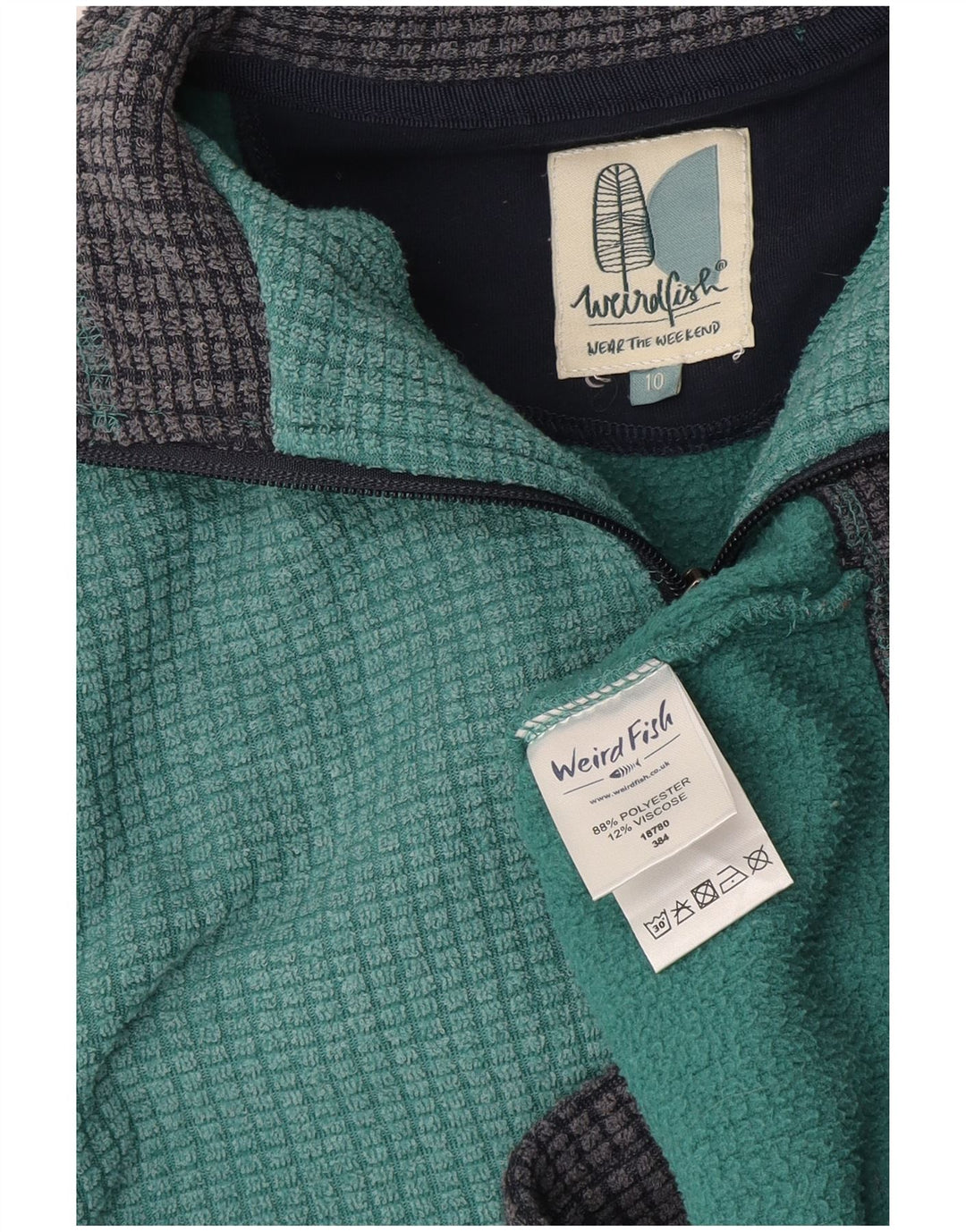 WEIRD FISH Maglione in pile da donna con collo con zip UK 10 piccolo poliestere verde