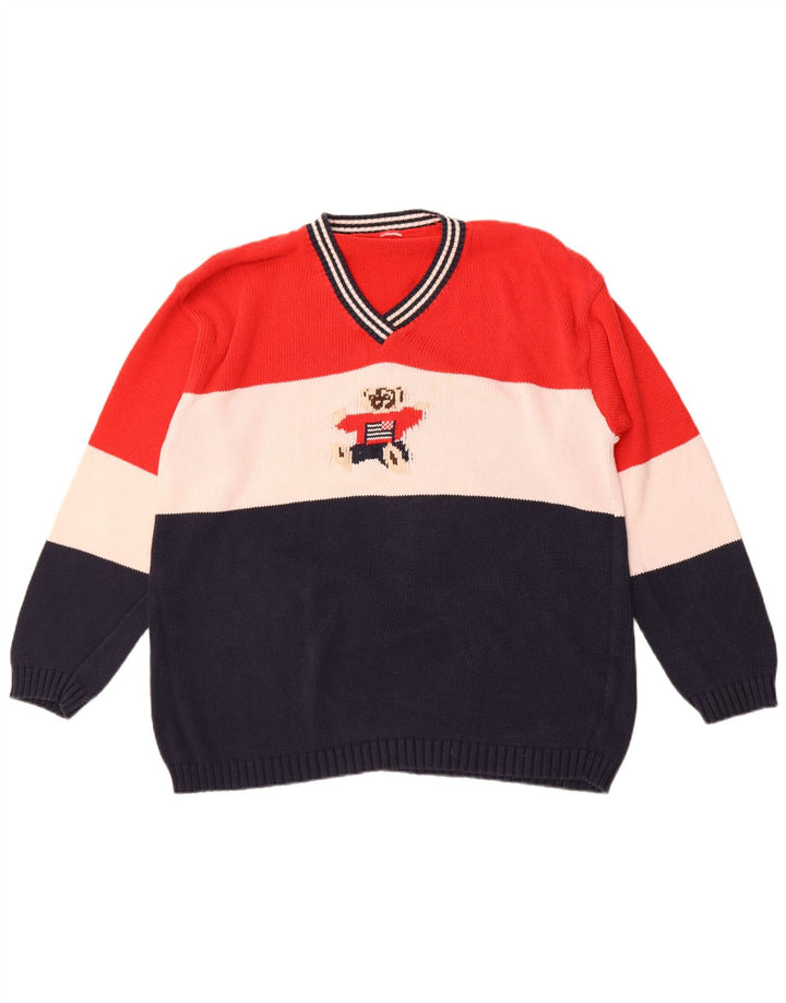 Maglione vintage da uomo con scollo a V grafico grande blocco di colori multicolore