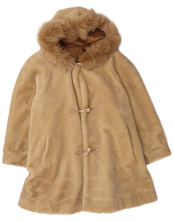 Montgomery vintage da donna oversize in pelliccia sintetica con cappuccio UK 14 Beige medio