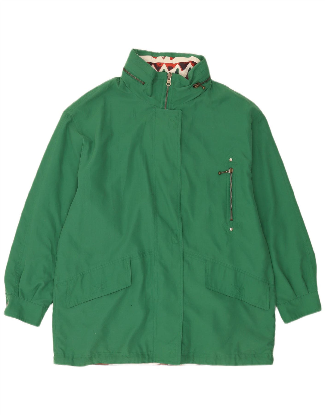 Giacca reversibile con cappuccio da donna vintage UK 16 grande verde geometrico