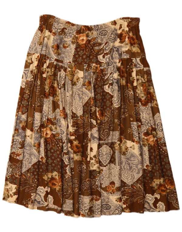Gonna svasata plissettata da donna vintage W36 XL in viscosa floreale marrone