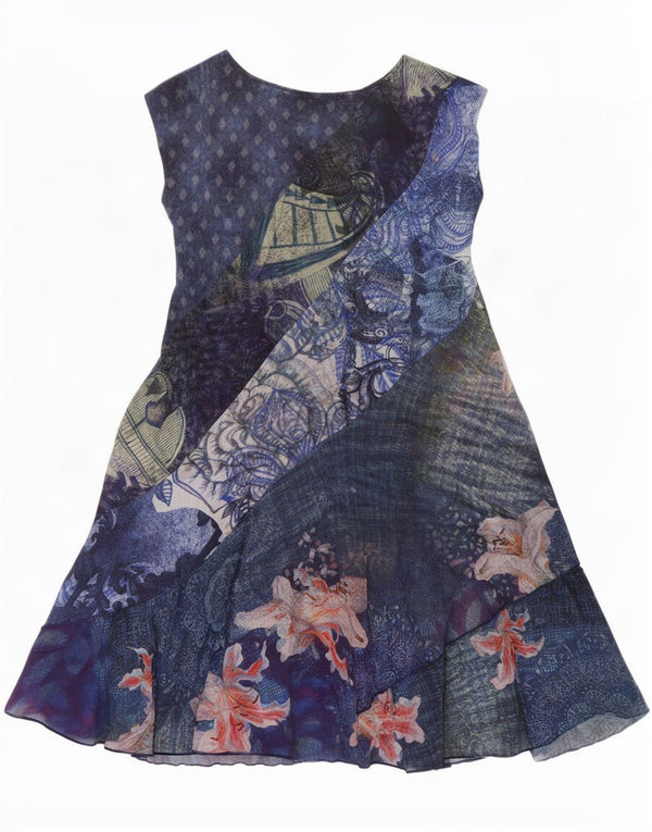 Desigual donna abito a trapezio senza maniche trasparente UK 18 XL blu floreale
