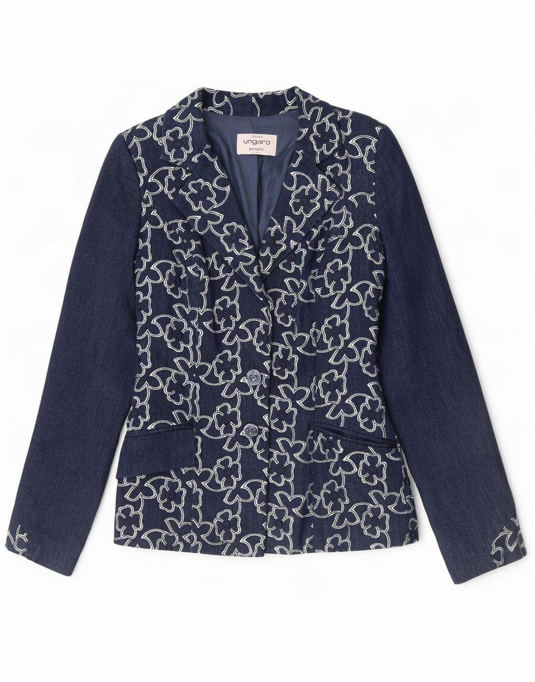 Giacca blazer da donna a 2 bottoni Ungaro UK 8 piccola blu navy floreale