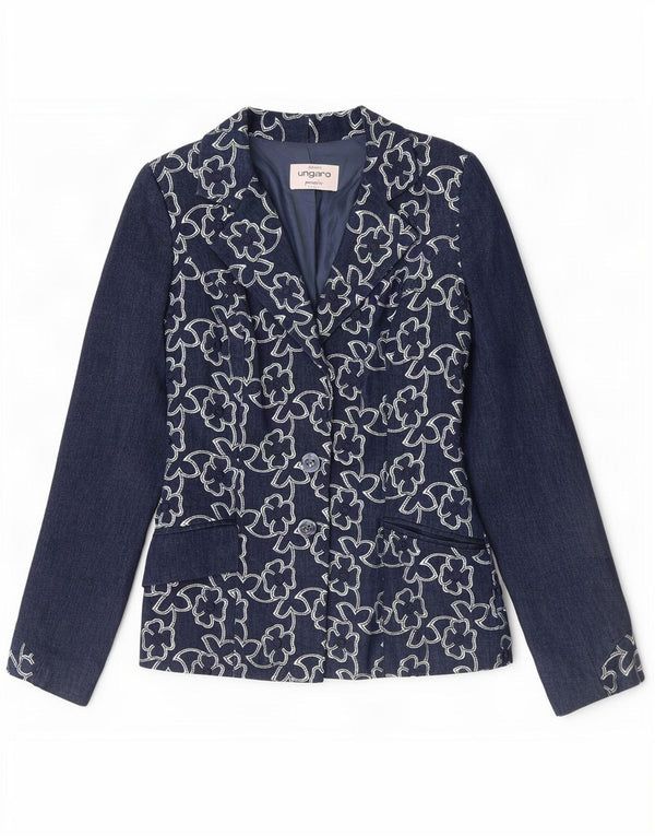 Giacca blazer da donna a 2 bottoni Ungaro UK 8 piccola blu navy floreale