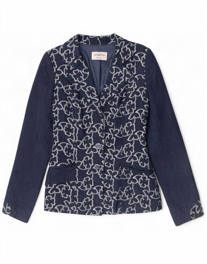 Giacca blazer da donna a 2 bottoni Ungaro UK 8 piccola blu navy floreale