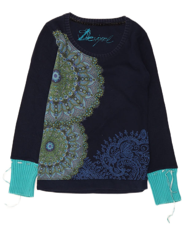 Desigual Donna Graphic Top Manica Lunga UK 10 Piccolo Blu Navy Floreale Cotone