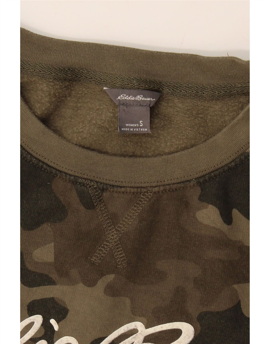 EDDIE BAUER Womens Graphic Sweatshirt Jumper UK 10 Small Khaki Camouflage Vintage Eddie Bauer and Second-Hand Eddie Bauer from Messina Hembry 