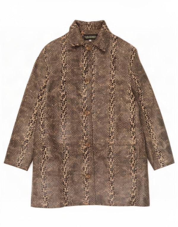 Cappotto oversize in pelle vintage da donna UK 14 stampa animalier marrone medio