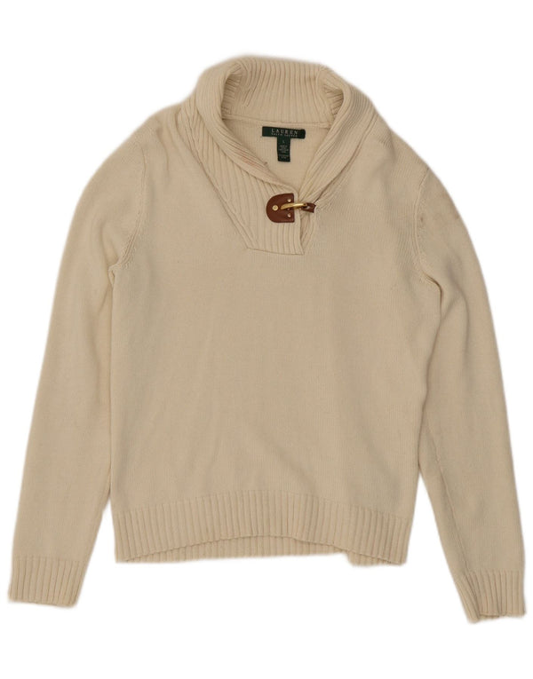 Maglione maglione da donna con collo a scialle Ralph Lauren UK 14 grande cotone beige