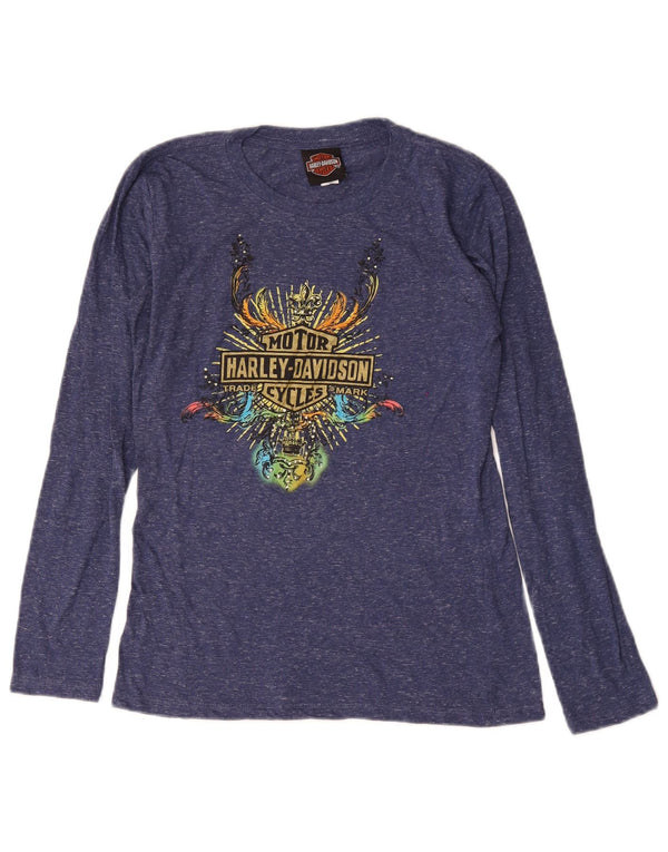Maglietta grafica da donna Harley Davidson a maniche lunghe UK 14 Large Blu Navy