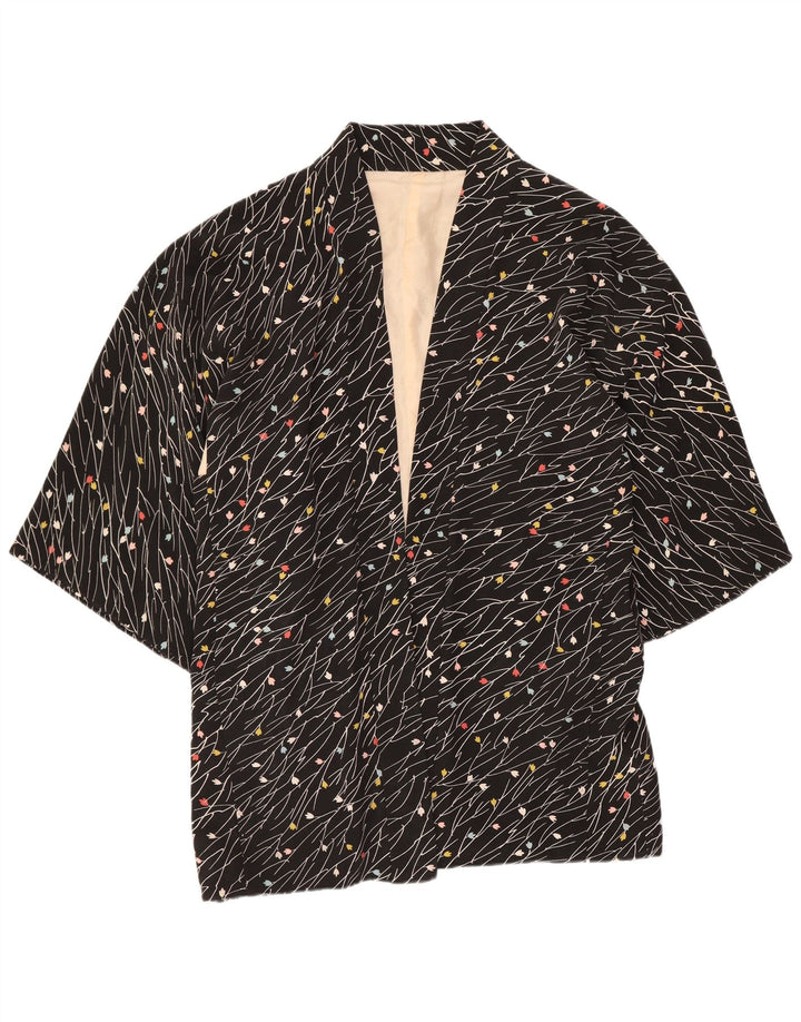 Giacca blazer aperta da donna vintage con maniche a 3/4 UK 20 2XL nera floreale