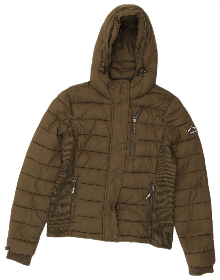 Giacca imbottita con cappuccio da donna SUPERDRY UK 16 grande nylon kaki