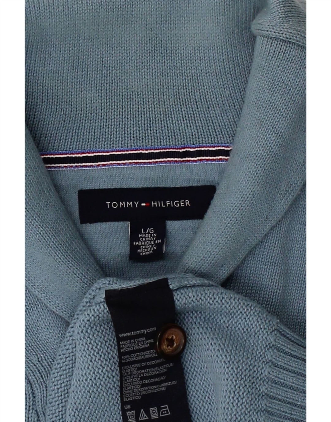TOMMY HILFIGER Mens Shawl Neck Jumper Sweater Large Blue Cotton